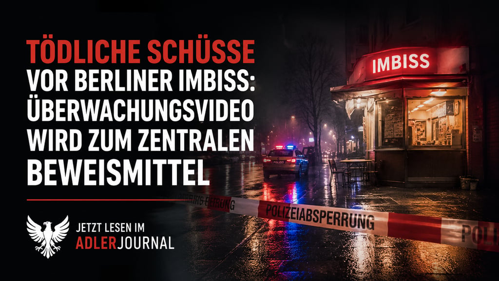Nachts Tatort in einer Berliner Imbissbude mit Polizeiband und Streifenwagen für die Nachrichten des
