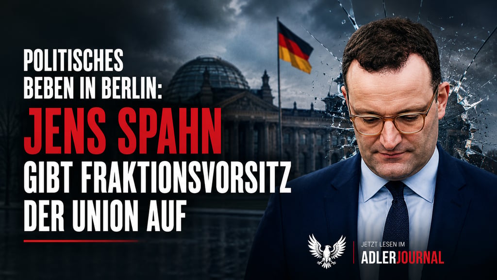 Der deutsche Politiker Jens Spahn vor dem Reichstagsgebäude mit einer Schlagzeile über die Führung d