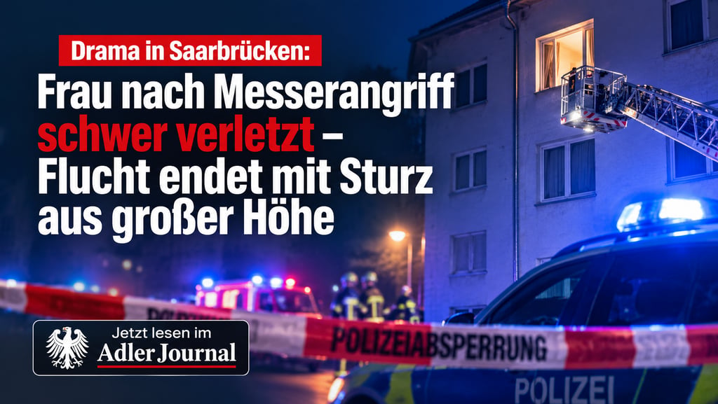 Einsatz von Polizei und Feuerwehr bei Nacht in Saarbrücken mit einer Drehleiter an einem Wohnungsfen