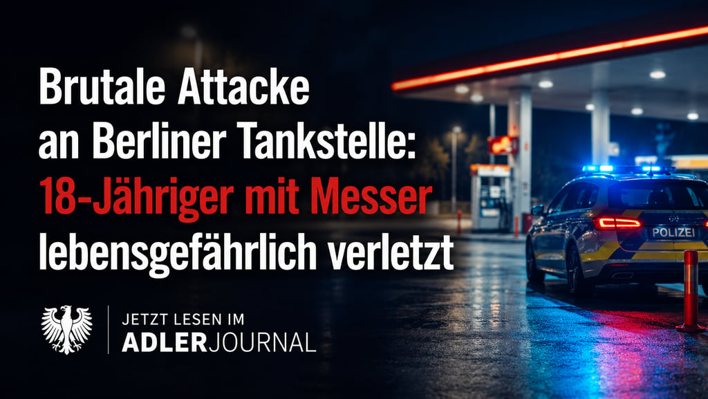 Ein deutsches Polizeifahrzeug mit Blaulicht steht an einer Berliner Tankstelle und berichtet über ei