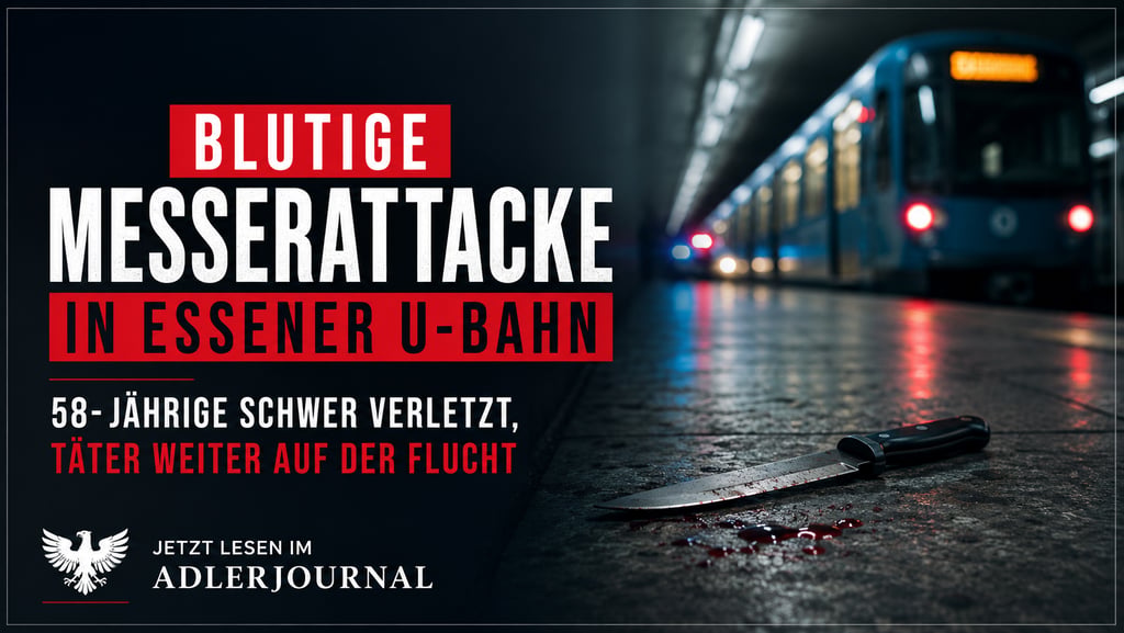 Eine Nachrichtengrafik über einen Messerangriff in der Essener U-Bahn-Station zeigt ein blutiges Mes