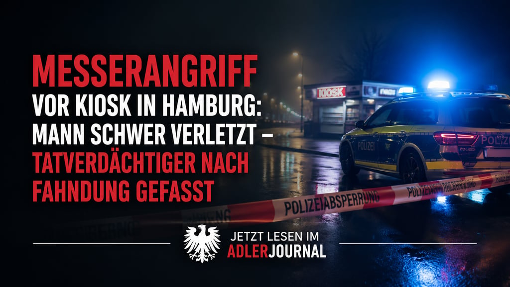 Polizeiauto mit Blaulicht vor Tatort-Absperrung bei einem Kiosk in Hamburg nach einem Messerangriff.