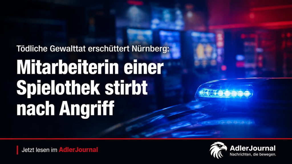 Blaulicht eines Polizeiautos nachts vor einem Casino; Schlagzeile über ein Verbrechen in Nürnberg.