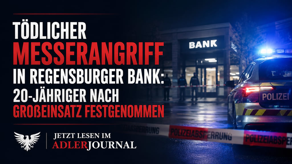Deutsches Polizeiauto und Absperrband am Tatort einer Bank in Regensburg nach einem tödlichen Messer