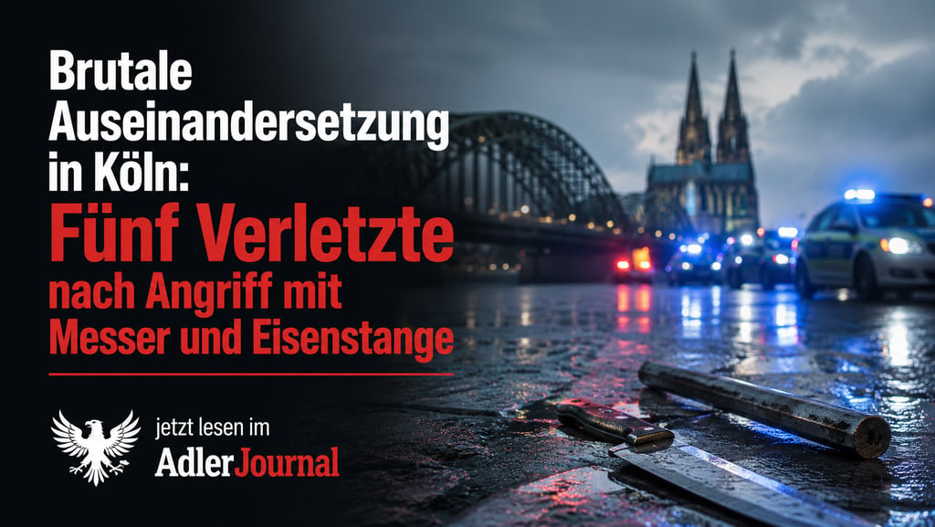 Messer und Eisenstange an einem verregneten Kölner Tatort mit Polizeiautos und dem Dom im Hintergrun