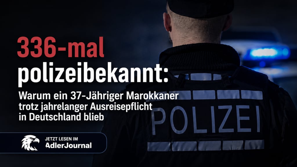 Polizist in Uniform vor Streifenwagen mit Schlagzeile über Abschiebung und Kriminalität in Deutschland.