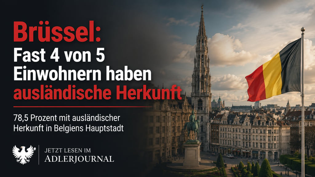Brüsseler Stadtansicht mit belgischer Flagge und Text über Einwanderungsstatistiken in der belgische