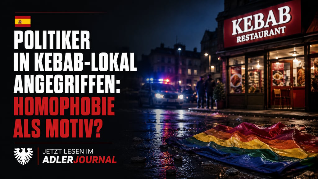 Nachts liegt eine Regenbogenflagge auf einer nassen Straße in der Nähe eines Dönerrestaurants und ei