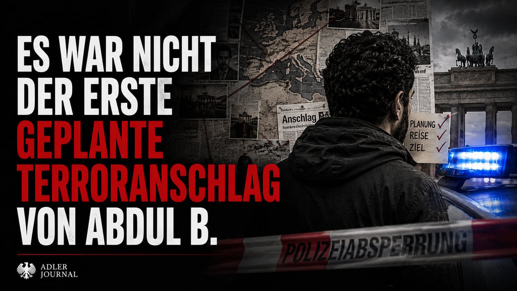 German news graphic about Abdul B terror plot with Brandenburg Gate and police tape.