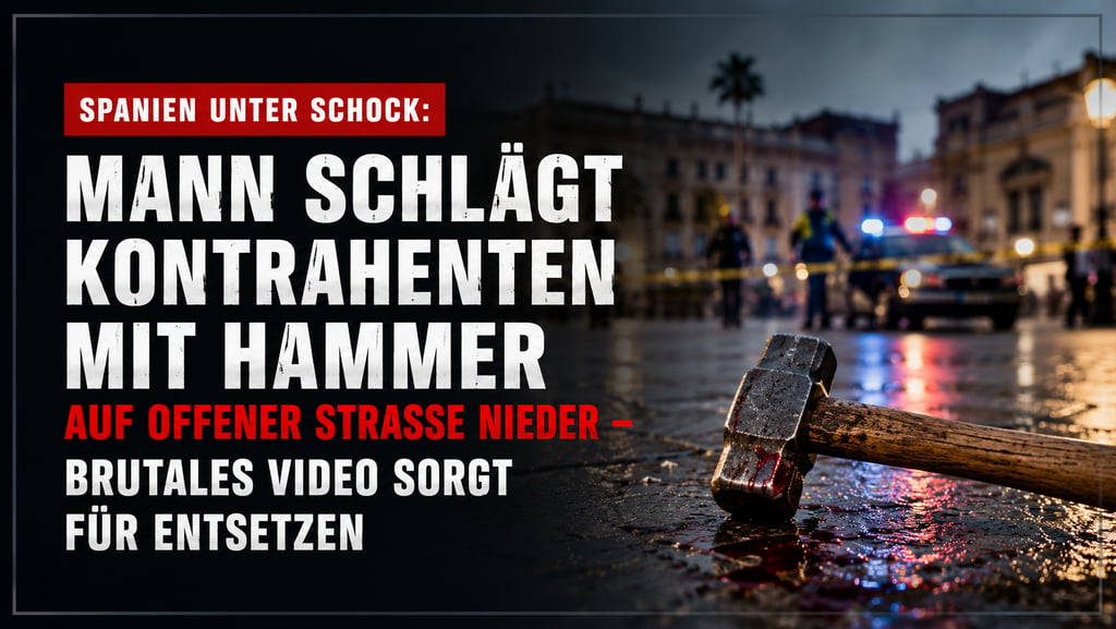 Auf einer nassen Straße in einer spanischen Stadt liegt ein blutiger Hammer an einem Tatort; im Hint
