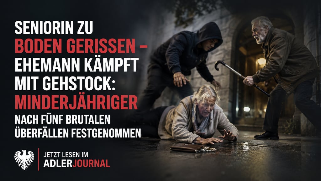 Dramatische Szene eines Straßenraubs an einer älteren Dame mit deutschem Nachrichtentext über Krimin