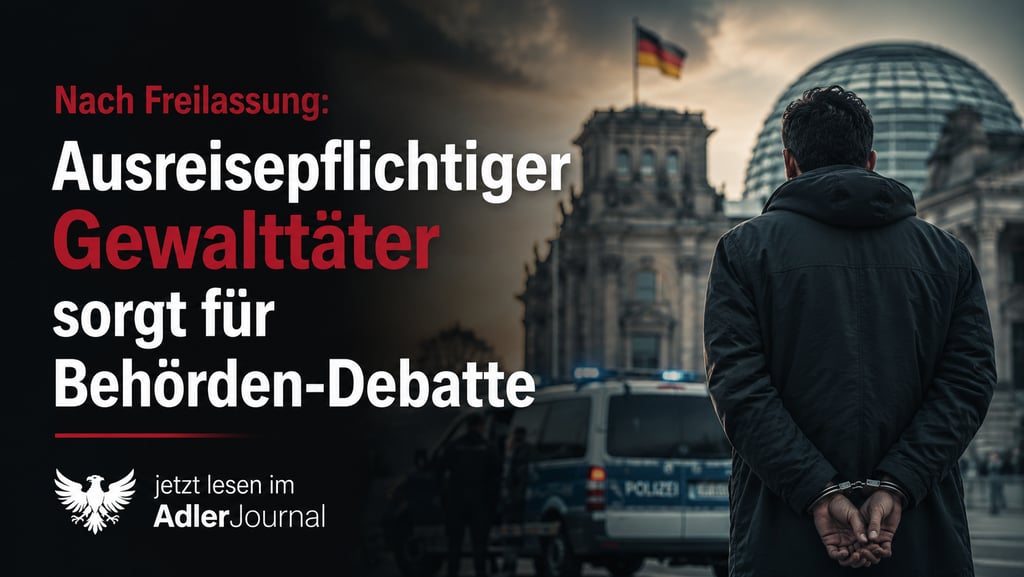Ein Mann in Handschellen steht vor dem Reichstagsgebäude in Berlin und symbolisiert die deutsche pol