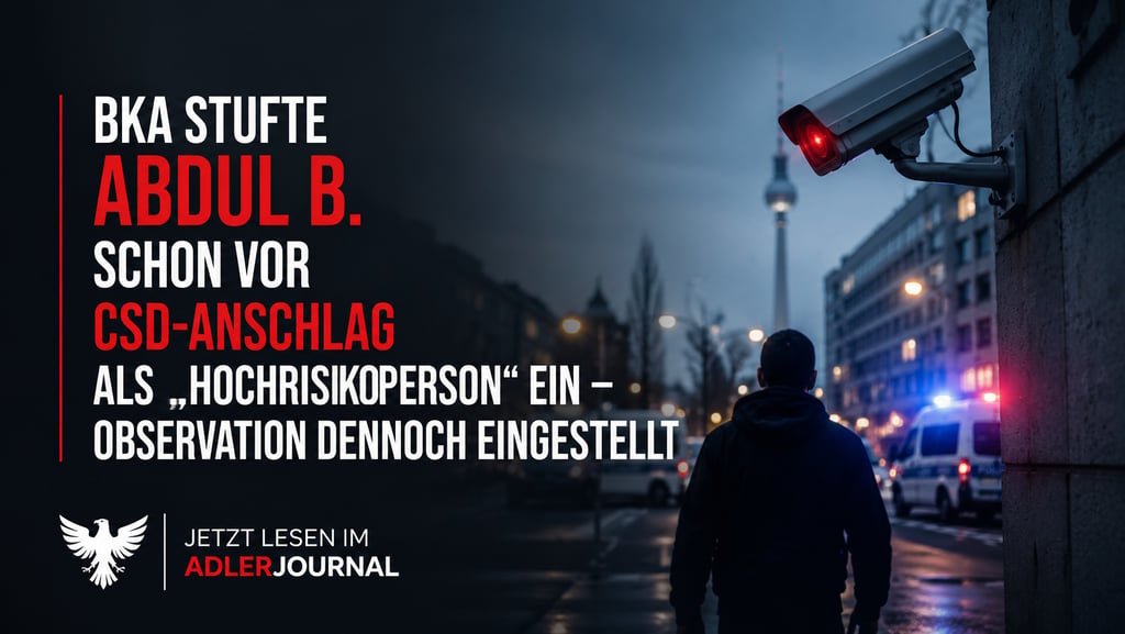 Überwachungskamera beobachtet einen Mann und ein Polizeiauto mit Berliner Skyline-Hintergrund; Text 