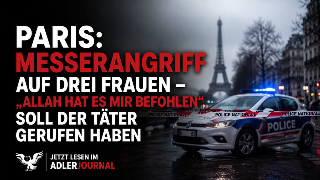 Ein Polizeiwagen am Tatort in Paris mit dem Eiffelturm im Hintergrund berichtet über einen Messerang