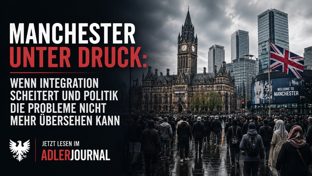 Vor dem Rathaus von Manchester versammelte sich eine Menschenmenge. Auf dem Plakat war der Schriftzu