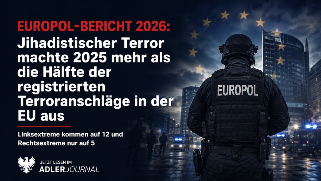 Ein Europol-Beamter in taktischer Ausrüstung steht nachts vor einer Stadt mit einem Text über den EU