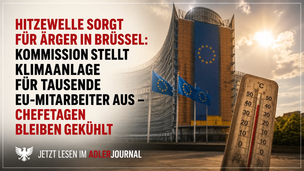Das EU-Kommissionsgebäude in Brüssel während einer Hitzewelle; ein Thermometer zeigt hohe Temperatur