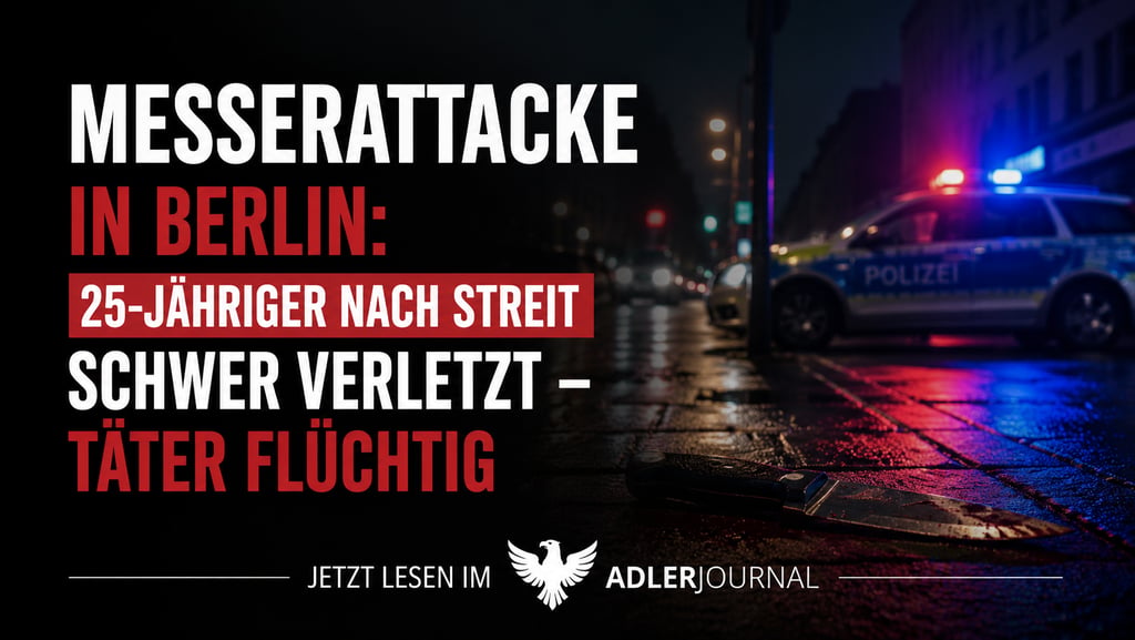 Schlagzeile über einen Messerangriff in Berlin mit Polizeiauto und Tatort im Hintergrund.