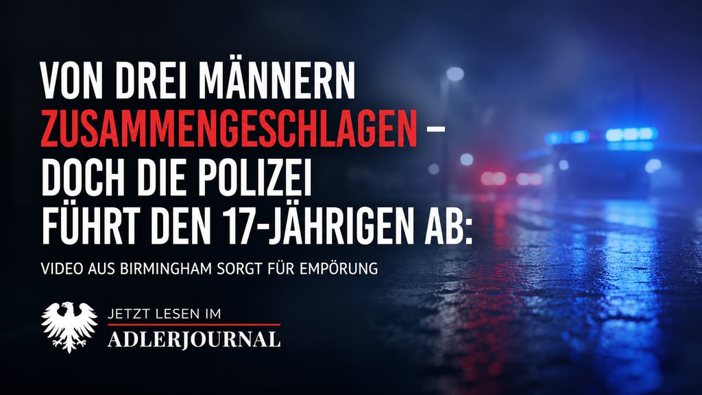 Polizeiauto mit Blaulicht bei Nacht und Schlagzeile über einen Polizeieinsatz in Birmingham.