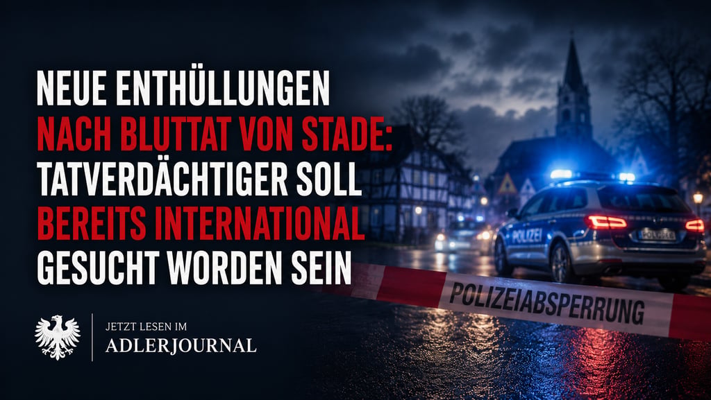 Deutsches Polizeiauto am nächtlichen Tatort in Stade mit Nachrichtentext zu einer strafrechtlichen U