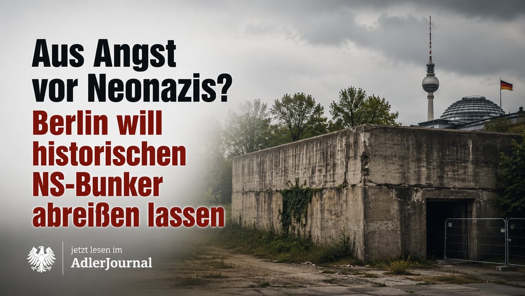 Ein historischer Nazi-Bunker aus Beton in Berlin, im Hintergrund sind der Fernsehturm und die Reichs