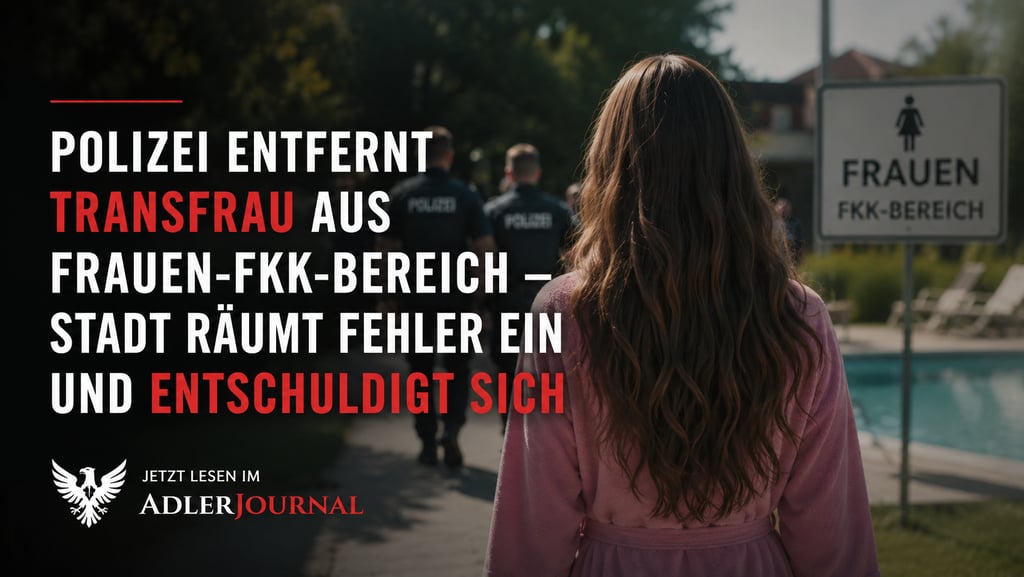 Eine Frau im Morgenmantel steht vor einem Schild, das auf einen FKK-Bereich nur für Frauen hinweist,