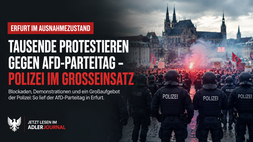 Deutsche Polizisten überwachen eine Großdemonstration in Erfurt gegen einen AfD-Parteitag.