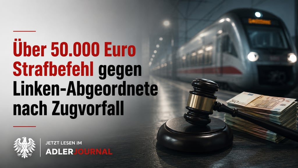 Richterhammer und Euro-Bargeld auf einem Bahnsteig neben einem Zug für einen Nachrichtenbeitrag über