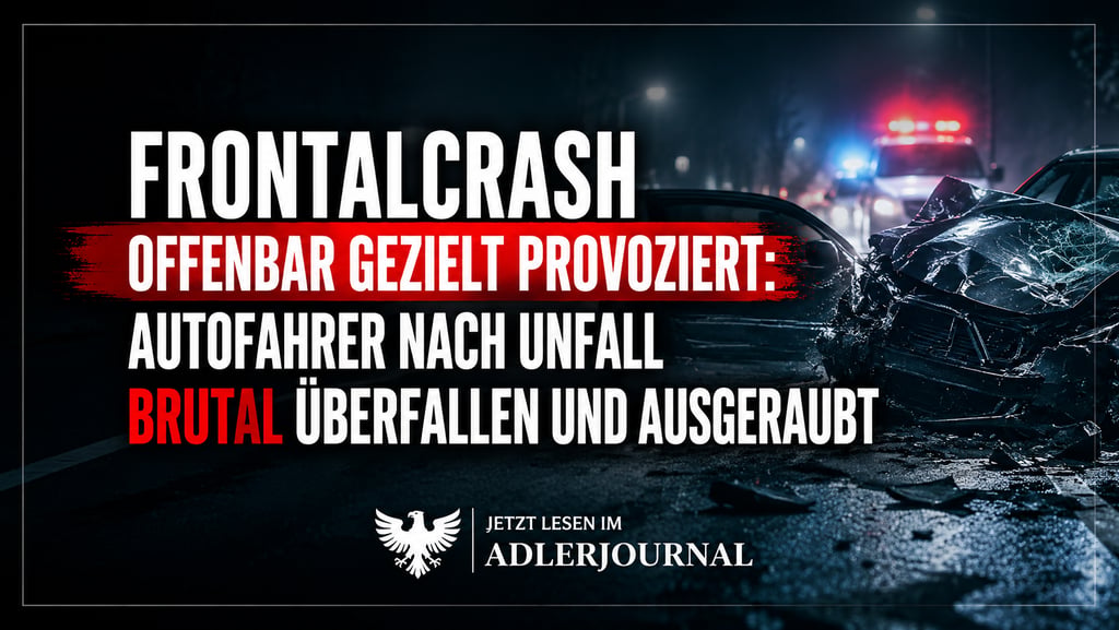 Dramatische Autounfallszene bei Nacht mit Blaulicht und deutschem Nachrichtentext über einen brutale