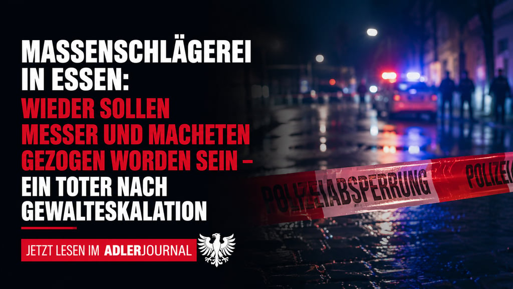 German news headline about a mass brawl in Essen featuring police tape and emergency lights at night.