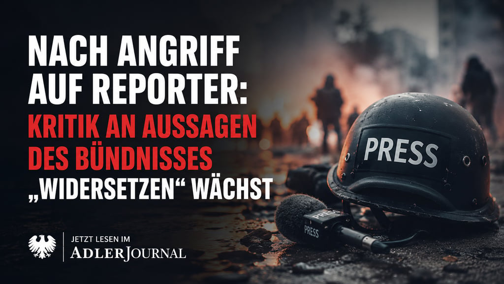 Deutsche Nachrichtenschlagzeile zur Pressesicherheit mit Helm und Mikrofon auf dunkler Straße.