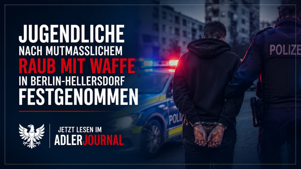 Ein Polizist nimmt in Berlin-Hellersdorf neben einem Streifenwagen mit Blaulicht einen gefesselten V