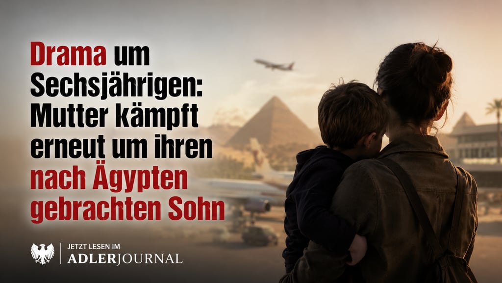 Mutter hält ihren Sohn vor dem Hintergrund der ägyptischen Pyramiden und eines Flughafens.