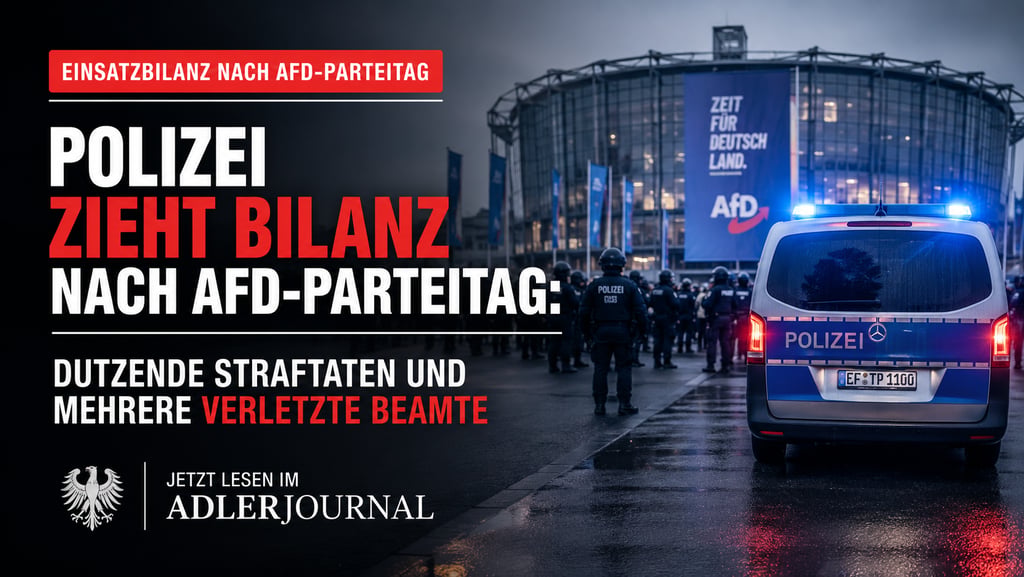 Deutsche Polizisten patrouillieren mit eingeschaltetem Blaulicht und in Schutzausrüstung vor einem A
