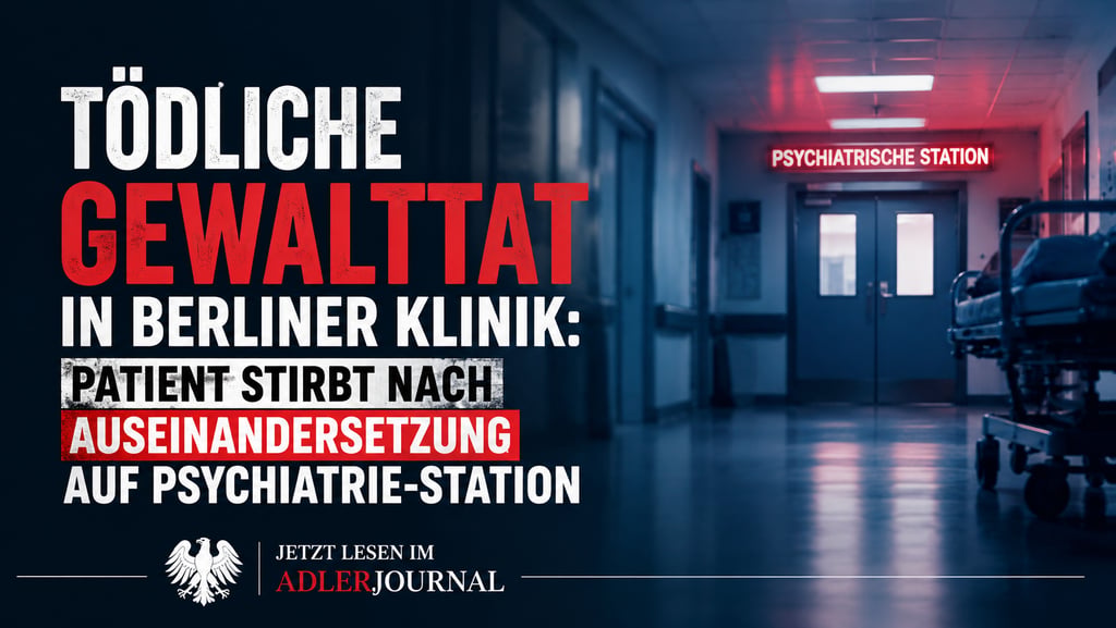 Schwach beleuchteter Krankenhausflur mit rotem Neonschild für die Psychiatrie und Nachrichtentext üb
