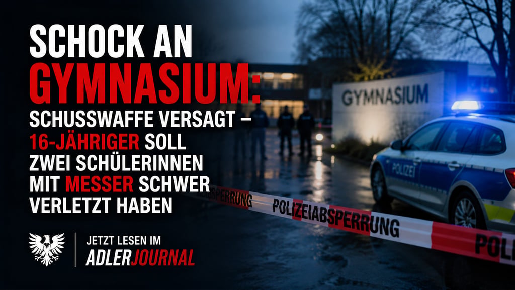 Polizeiauto und Absperrband vor einem Gymnasium nach einem Messerangriff durch einen 16-jährigen Schüler.