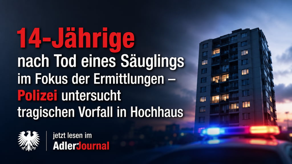 Polizeiauto mit Blaulicht vor einem Hochhaus bei Nacht mit Schlagzeile zu Ermittlungen.