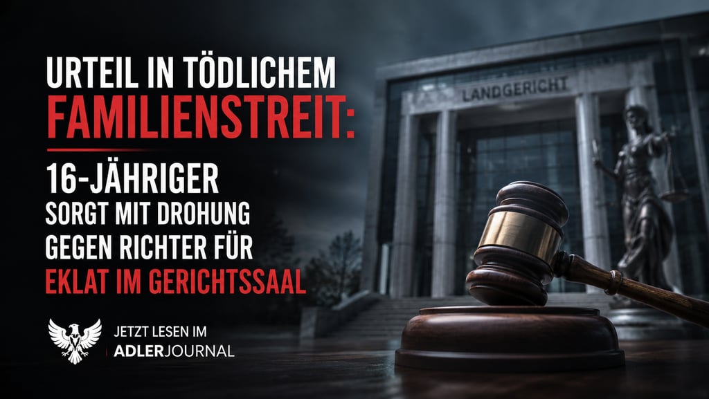 Richterhammer und Gerichtsgebäude im Hintergrund mit einem Nachrichtentext über das Urteil gegen ein