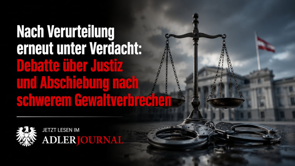 Handschellen und Justitia-Waage vor dem österreichischen Parlament im Zusammenhang mit Abschiebungen
