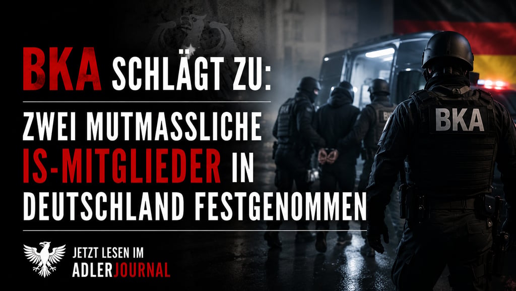 Deutsche BKA-Spezialeinheiten nehmen Verdächtige fest, im Hintergrund ein Polizeiwagen und eine deut