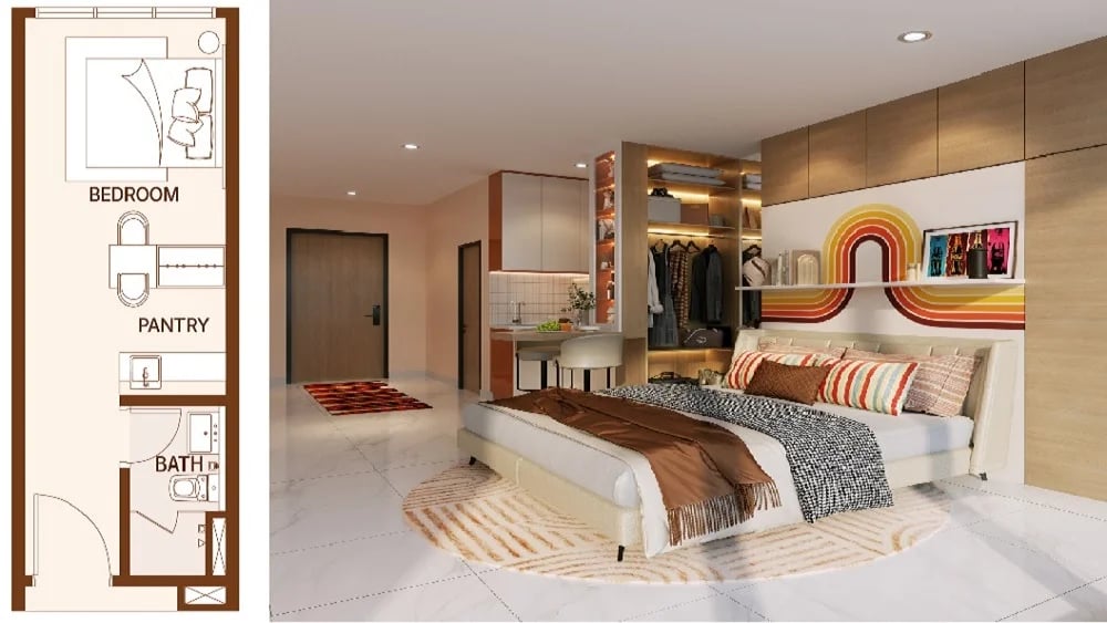 280 sqft 1 bedroom studio apartment floor plan with 210m covered walkway to RTS Bukit Chagar station Johor Bahru.