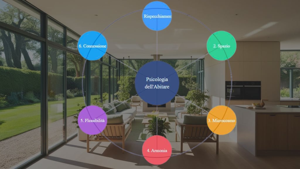 un grafico circolare dei 6 assiomi della psicologia dell'abitare e in sottofondo un soggiorno moderno