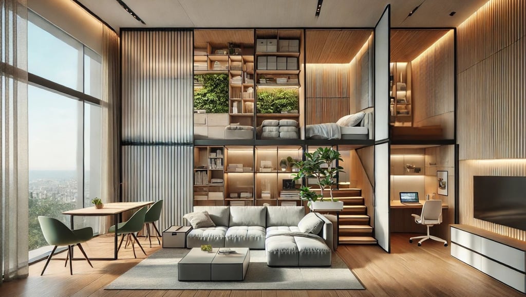 un appartamento immaginario su due piani con uno spaccato di spazi multifunzionali