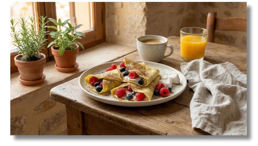 Light coconut crêpes made with coconut flour and almond milk — healthy, dairy-free breakfast.