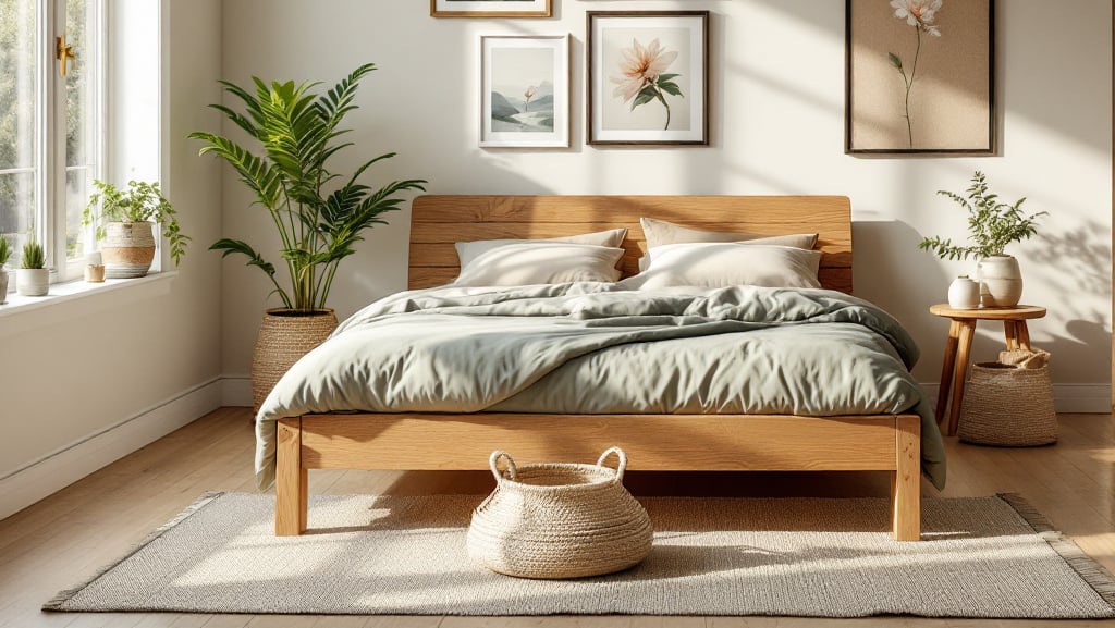 camera da letto in puro stile biofilico con letto in legno, piante ornamentali e colori che richiamano la natura