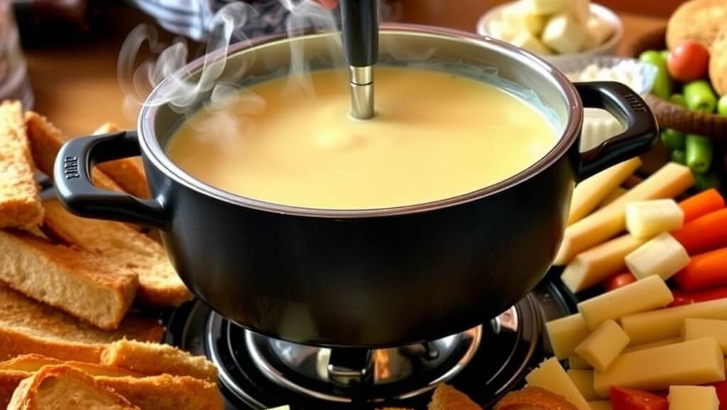 swiss Fondue with bread and Swiss cheese