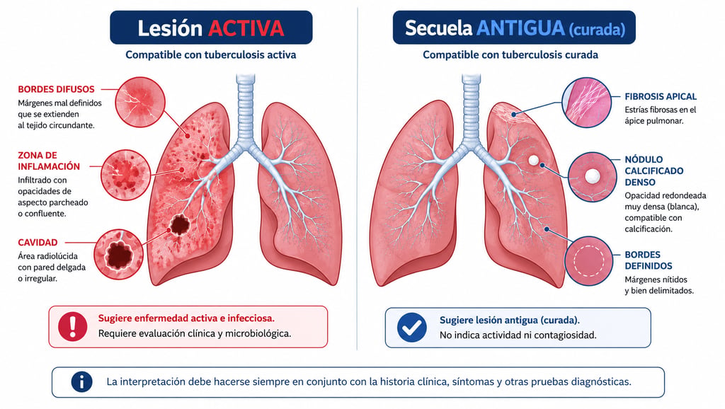 lesiones de tuberculosis activa y secuelas de tuberculosis antigua en la radiografía de tórax
