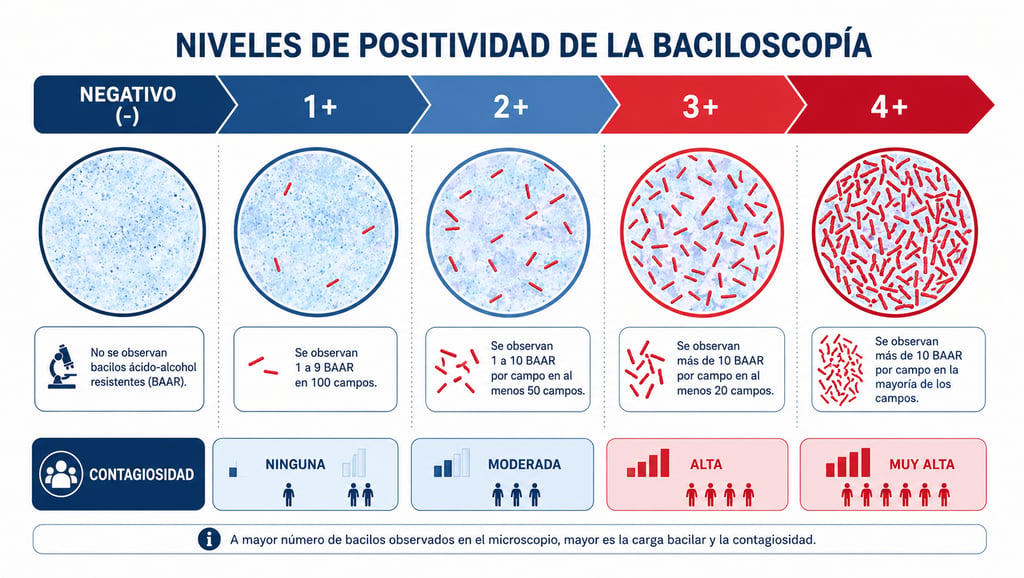Infografía con la escala de positividad de la baciloscopía de tuberculosis desde negativo hasta 4+
