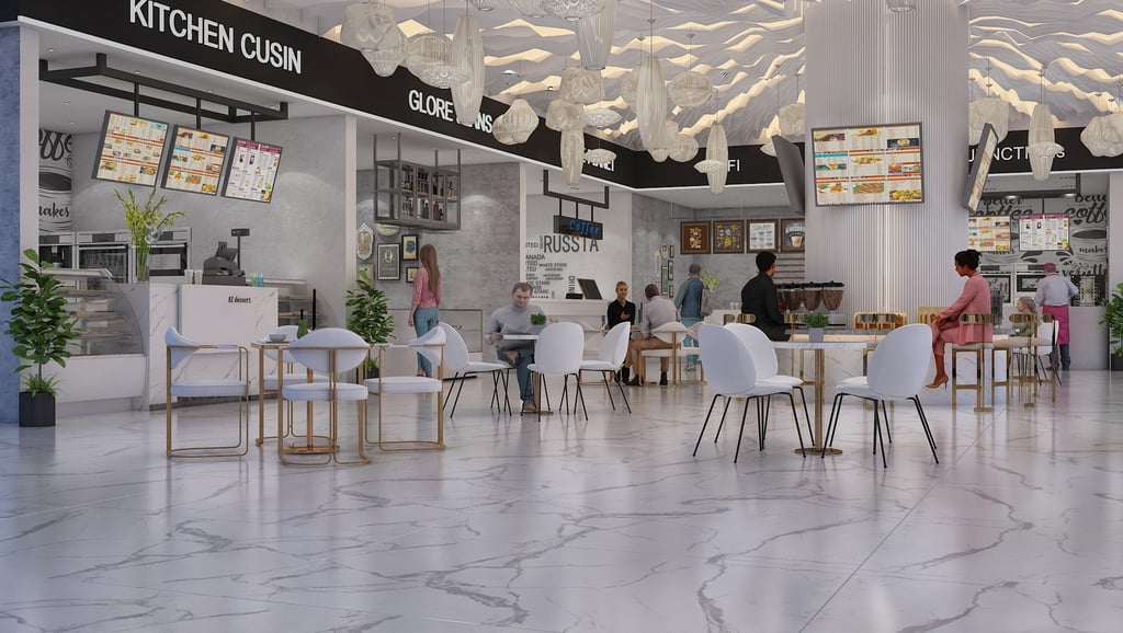 Modern food court with white marble floors, designer seating, and sleek restaurant stalls.