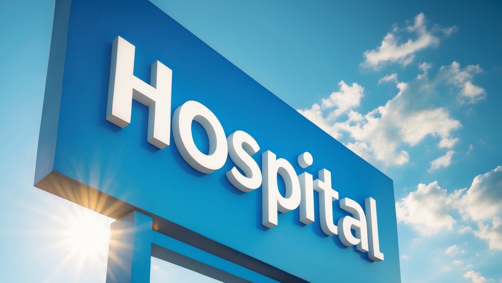 Modern hospital sign under a sunny sky, symbolizing reliable medical care